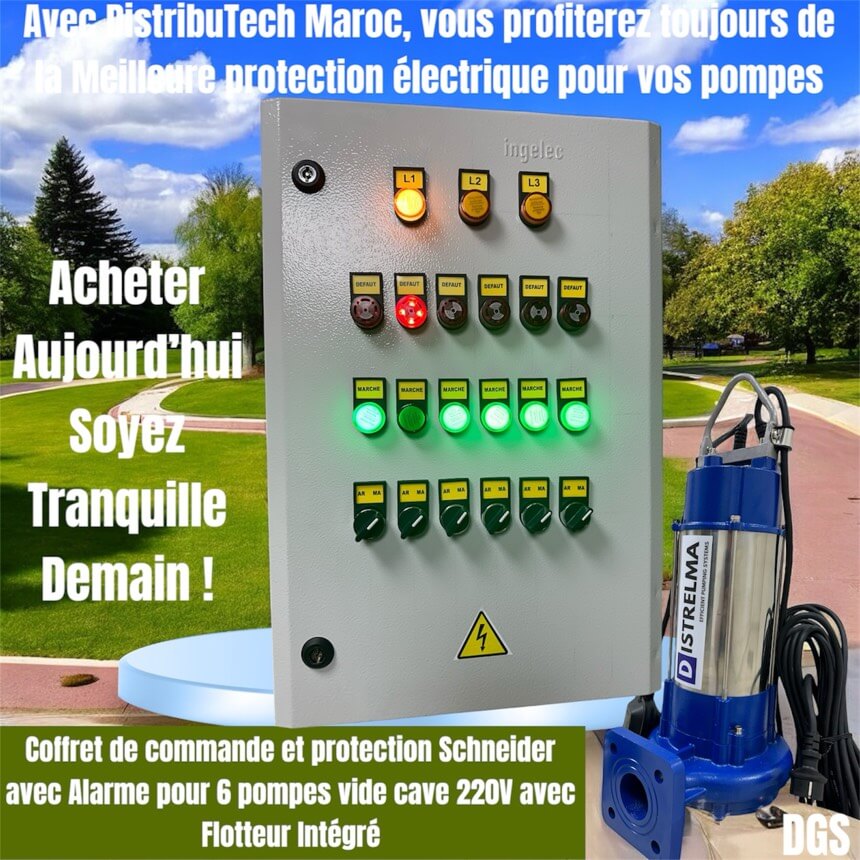 coffret de commande et protection électrique Schneider pour six 6 pompes vide cave eaux usees chargees avec flotteur integre 220v Prix Casablanca Maroc